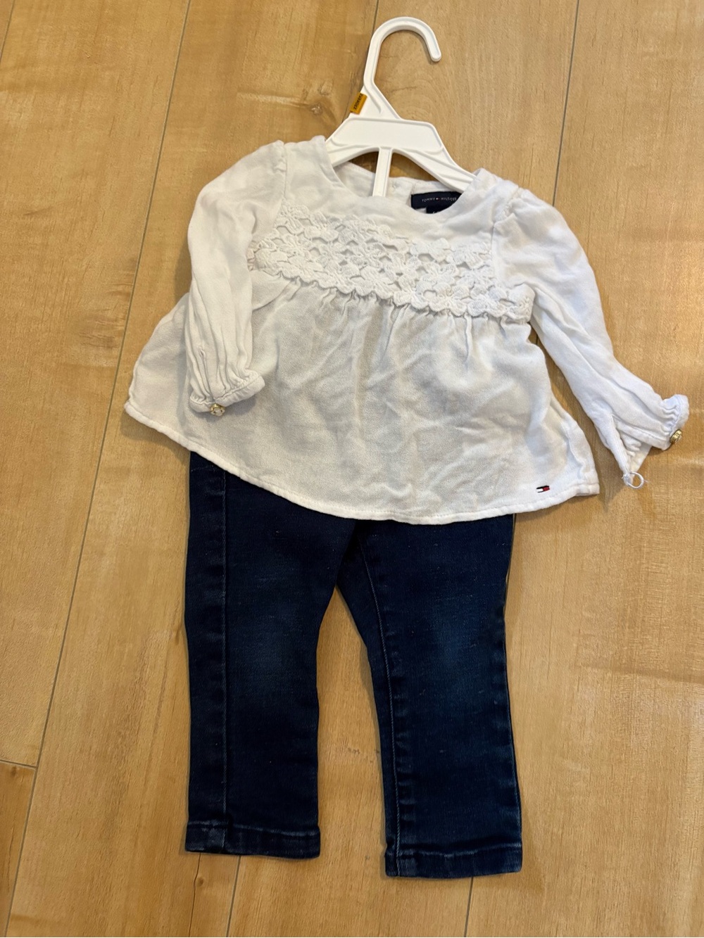 Tommy Hilfiger White Lace-Yoke Long Sleeve Baby Top
